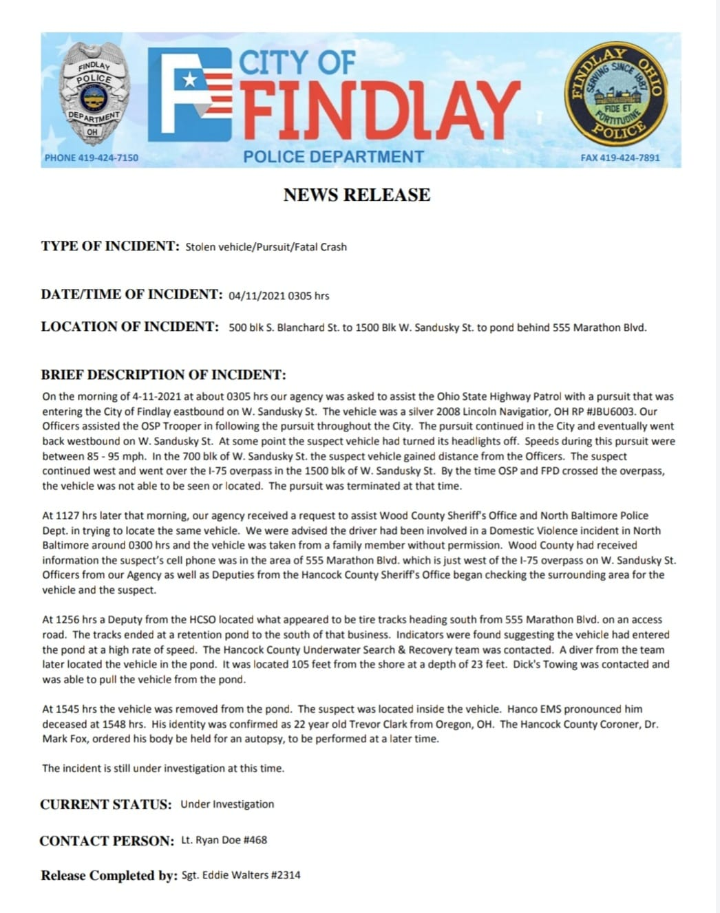 Findlay Stolen Vehicle, Police Pursuit…Ends In Fatal Crash Mercer