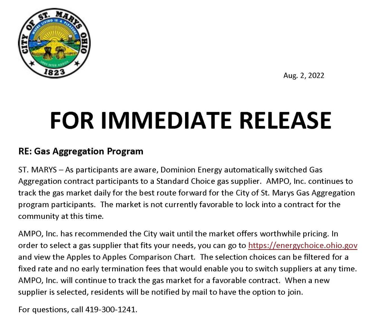 City of St. Marys Gas Aggregation Program Update – Mercer County Outlook