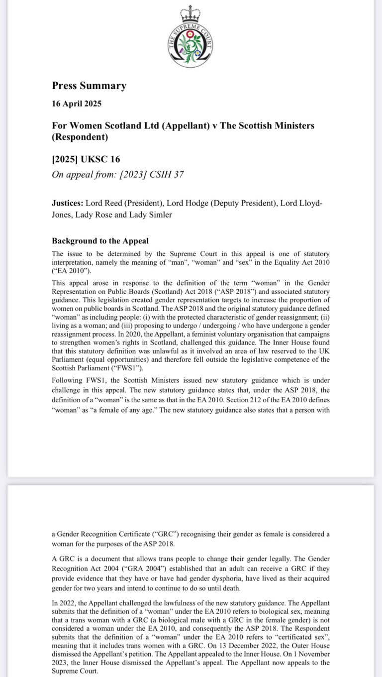 UK Supreme Court Judgement ‘It holds that the terms “man”, “woman” and ...