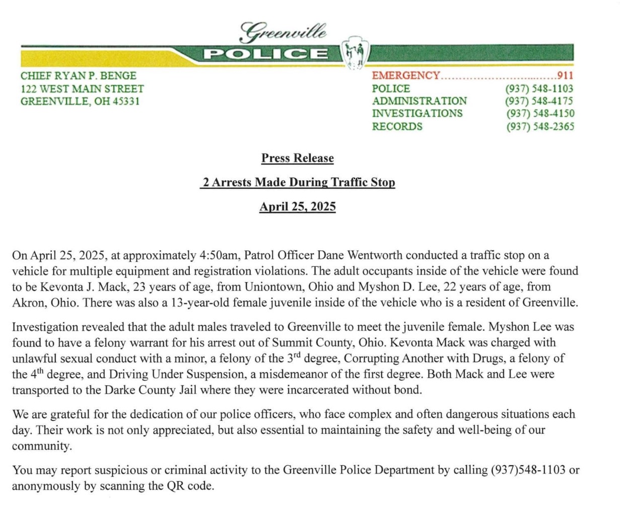 Traffic Stop Leads To Two Arrests In Greenville – Mercer County Outlook