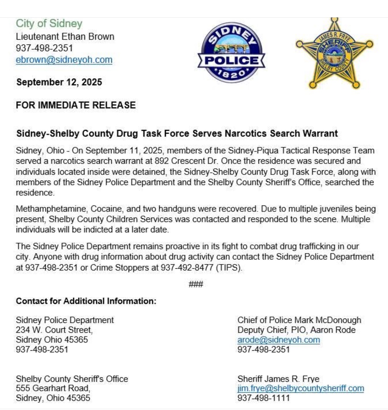 Sidney-Shelby County Task Force Search Warrant – Mercer County Outlook