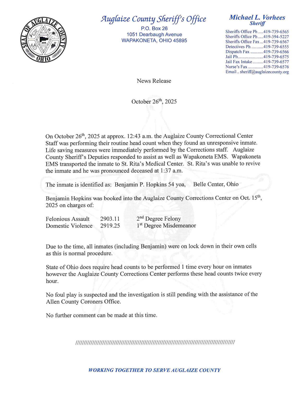 Auglaize County Inmate Found Unresponsive…Passes Away – Mercer County ...