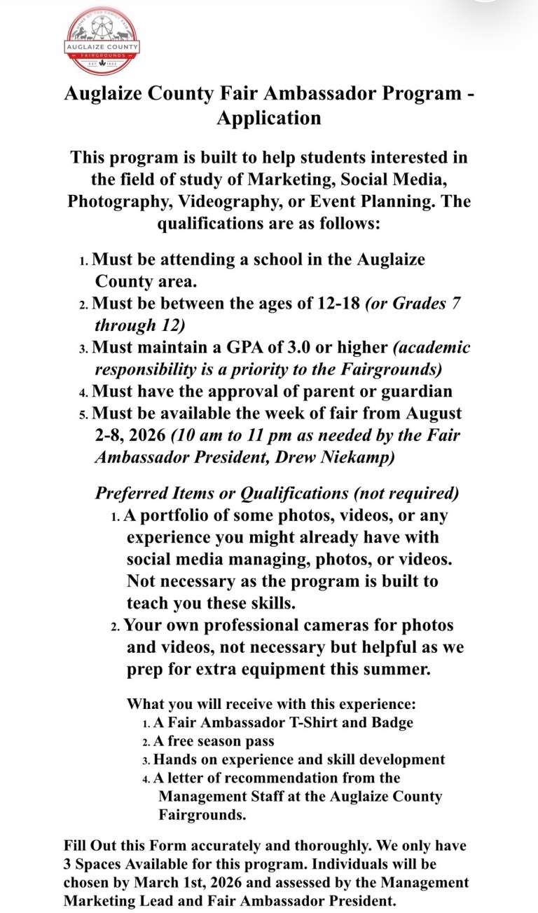 Auglaize County Fairgrounds Announces 2026 Fair Ambassador Program ...