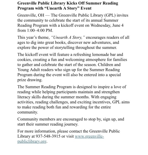 June Events At The Greenville Public Library – Mercer County Outlook