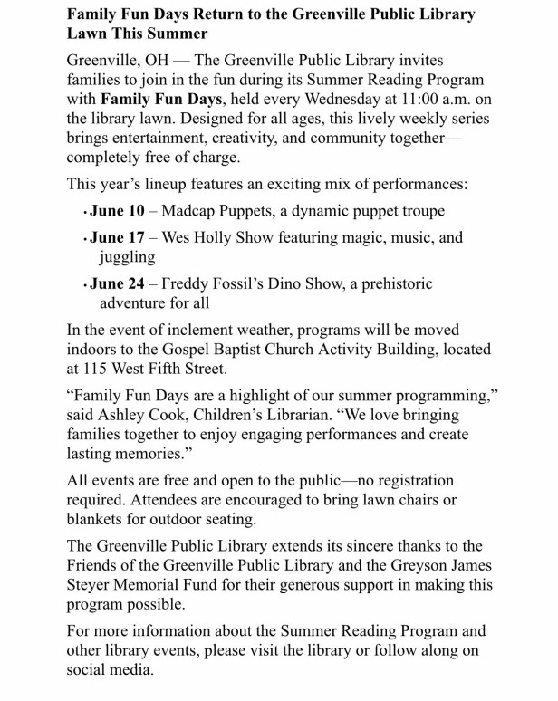 June Events At The Greenville Public Library – Mercer County Outlook
